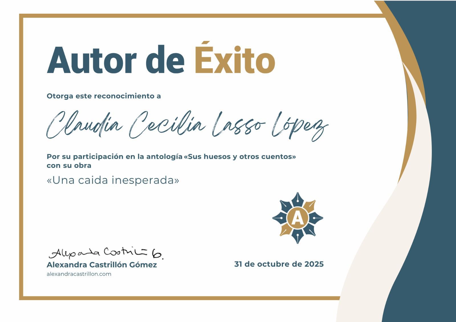 Diploma por participación en antología de cuento